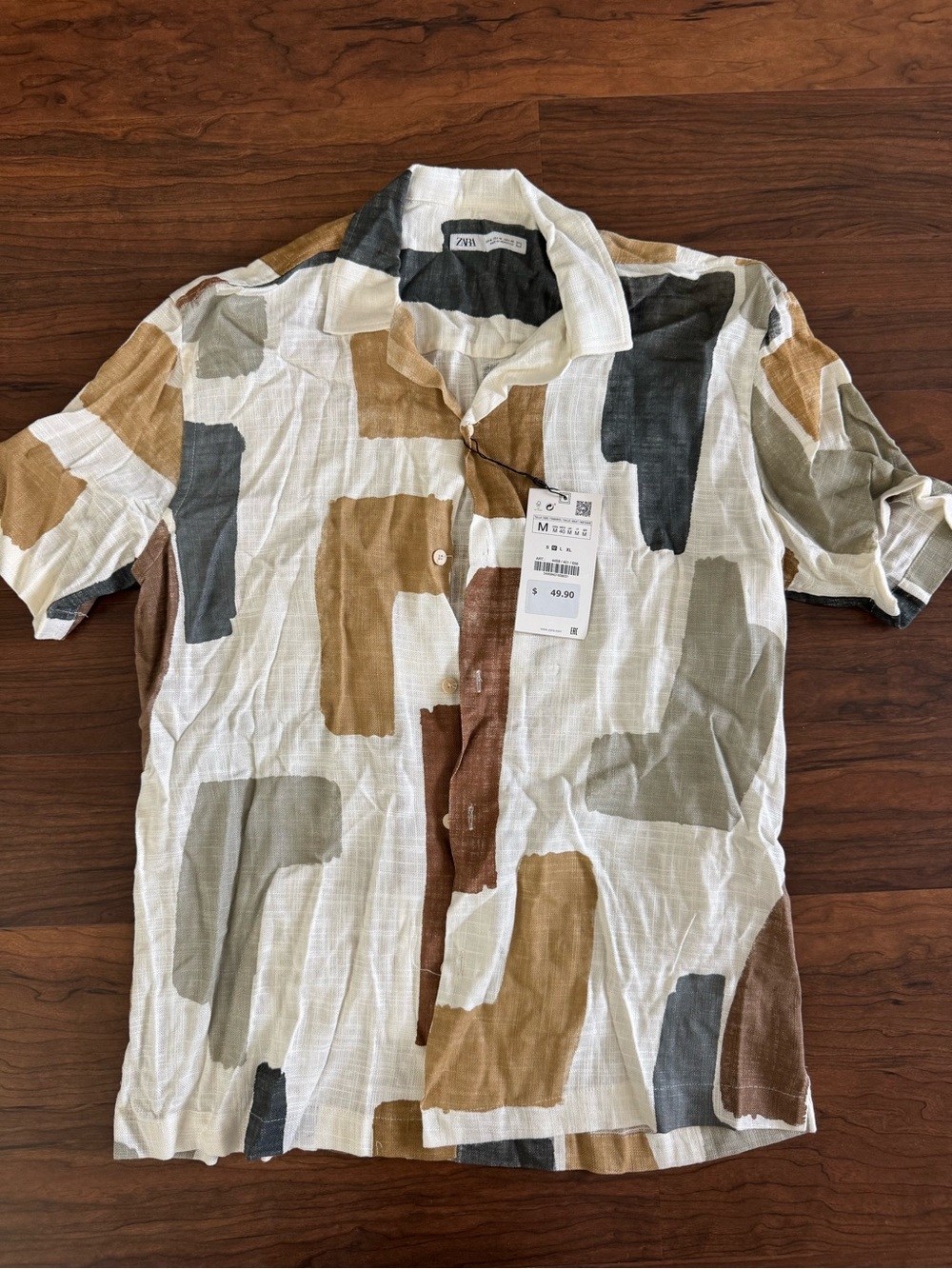 ZARA Men’s Short Sleeve Button-Down Shirt in White with Brown, Gray & Tan Blocks
